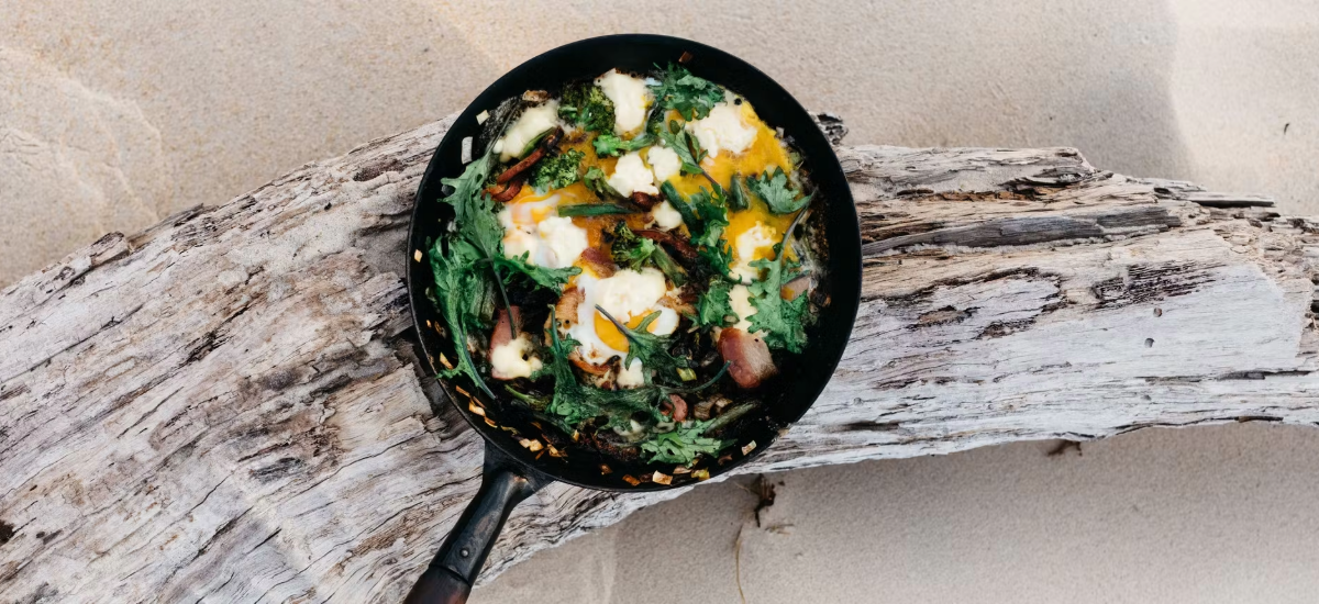 FRIED GREENS WITH BACON AND EGGS