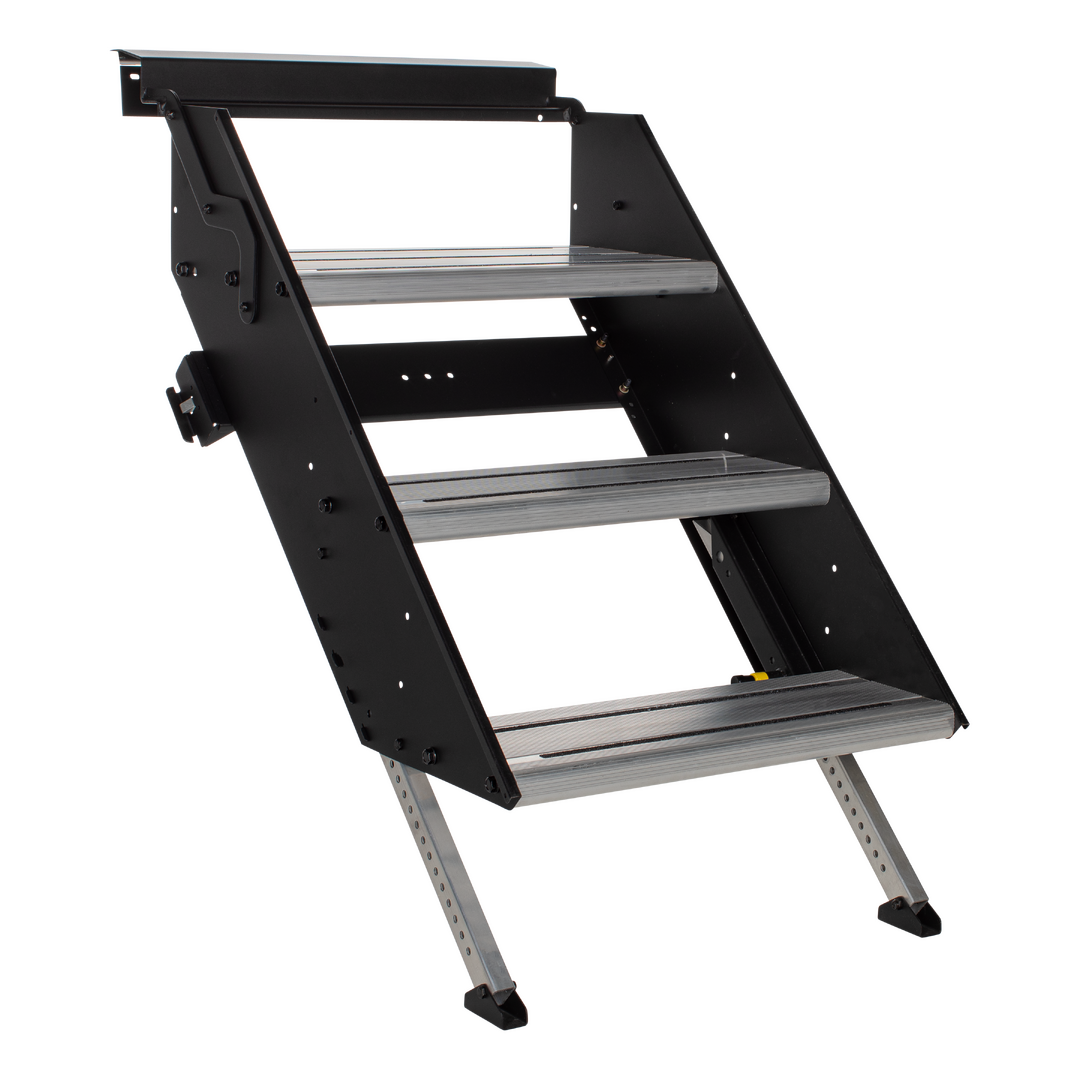 Solid fold-down step w/ aluminum tread on main entry door step